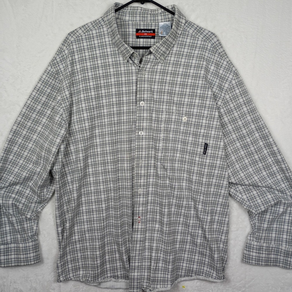 Bulwark FR Flame Resistant Shirt XXL‎ Grey Plaid Button Down CAT 2 Workwear